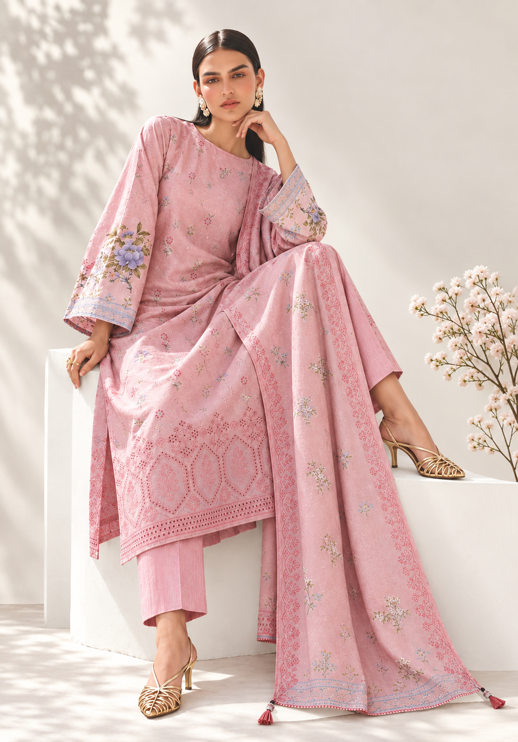 Baby Pink Embroidered Printed Dhanak with Chamki 3-Piece Suit– Unstitched