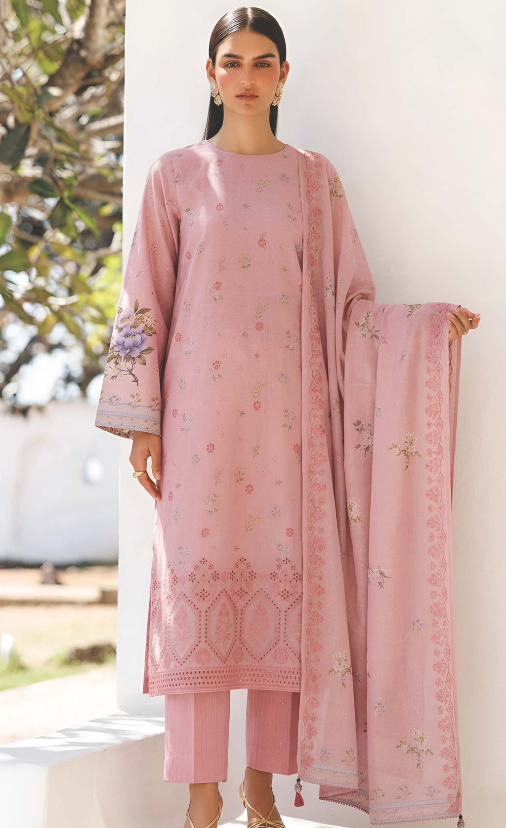 Baby Pink Embroidered Printed Dhanak with Chamki 3-Piece Suit– Unstitched