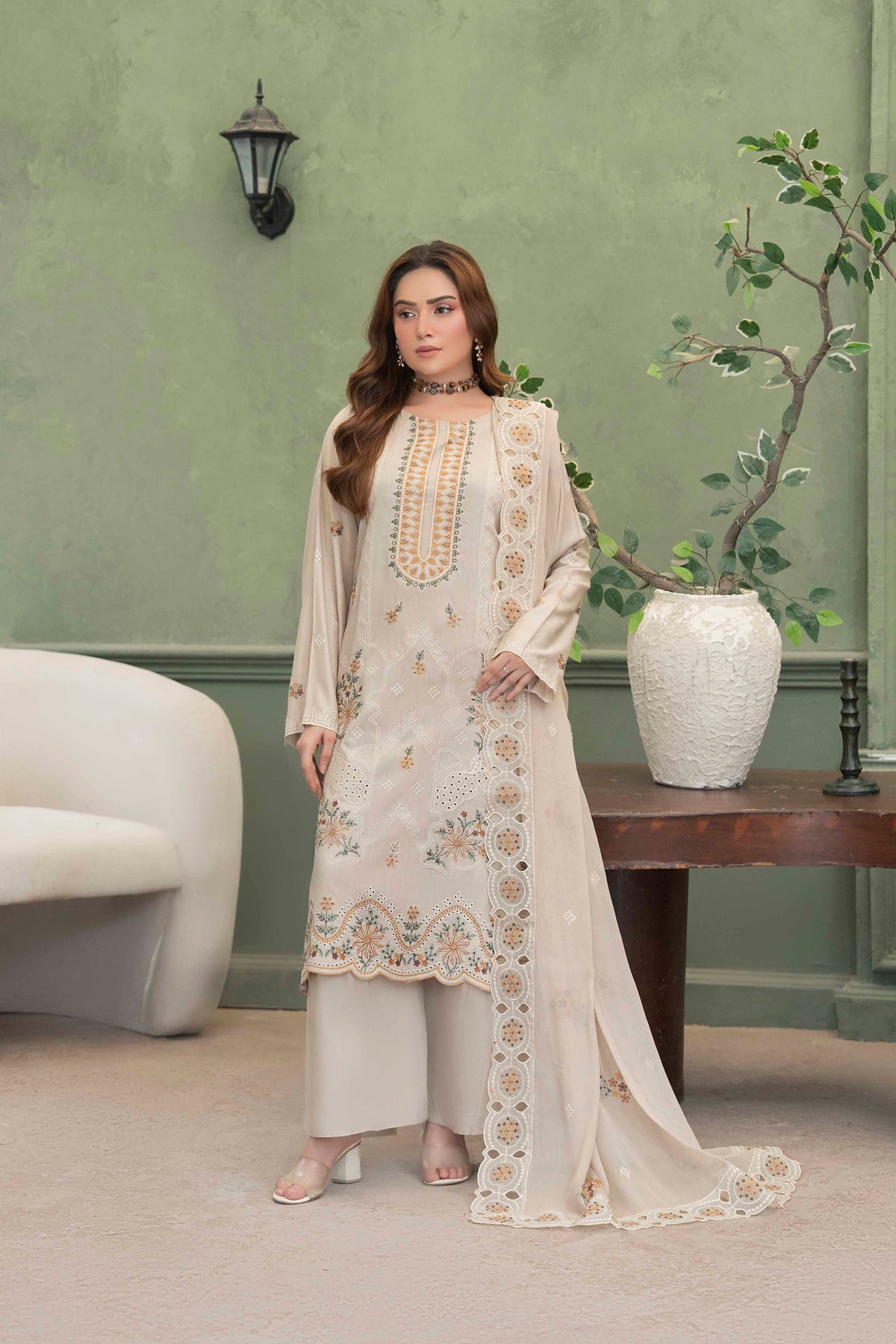 Beige Cream Embroidered Piece Suit with Crinkle Dupatta 3-Piece Suit