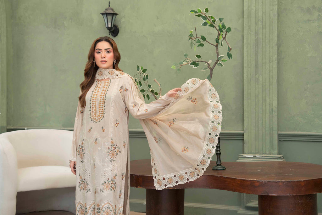Beige Cream Embroidered Piece Suit with Crinkle Dupatta 3-Piece Suit