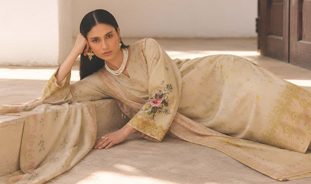 Honey Beige Embroidered Printed Dhanak with Chamki 3-Piece Suit– Unstitched