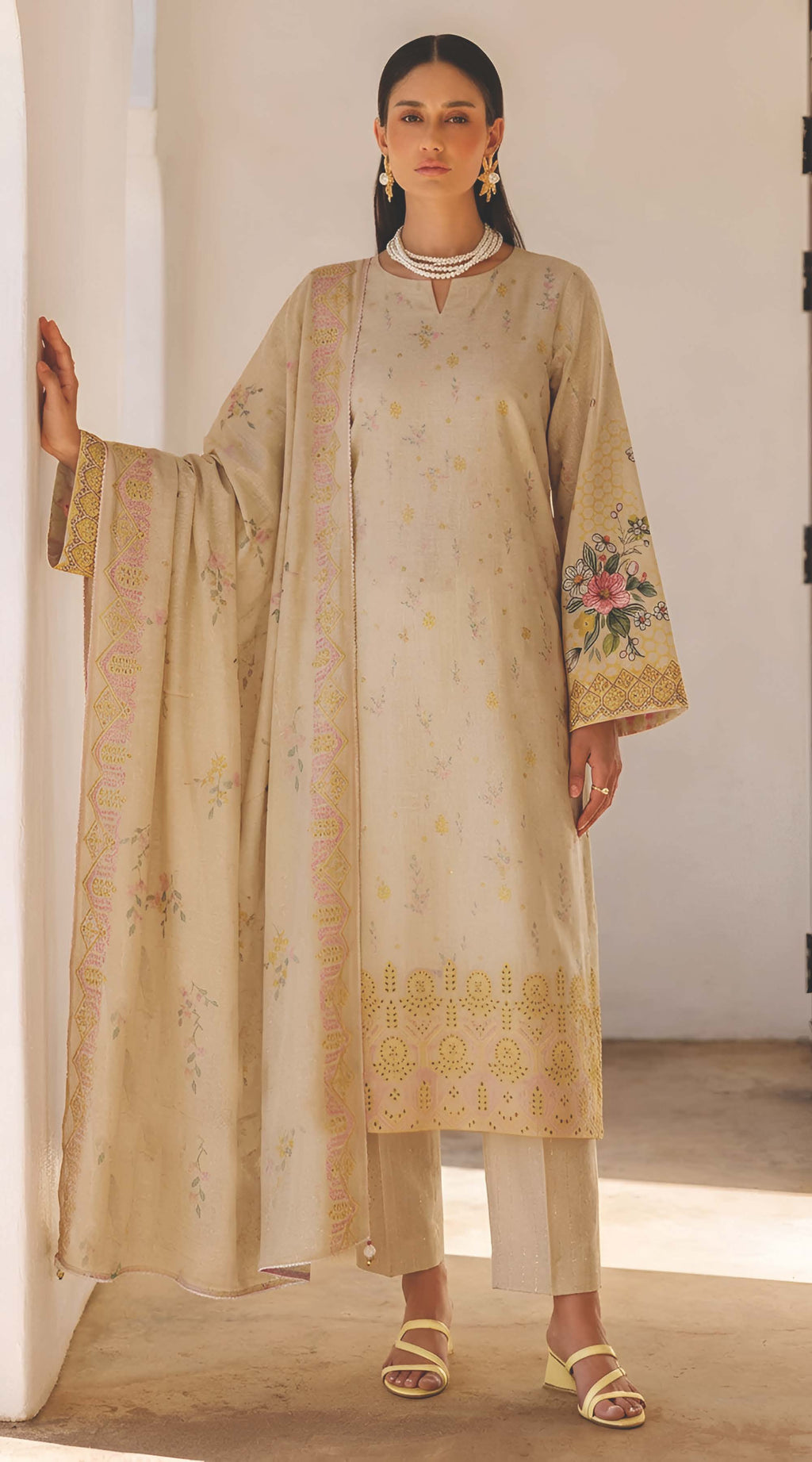 Honey Beige Embroidered Printed Dhanak with Chamki 3-Piece Suit– Unstitched