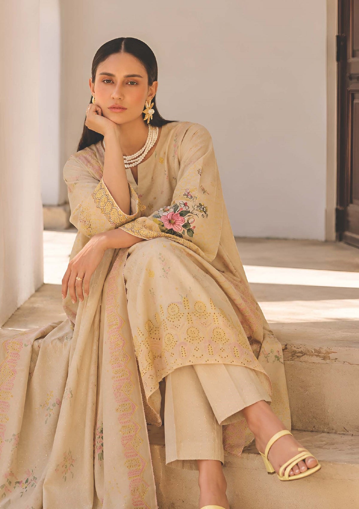 Honey Beige Embroidered Printed Dhanak with Chamki 3-Piece Suit– Unstitched