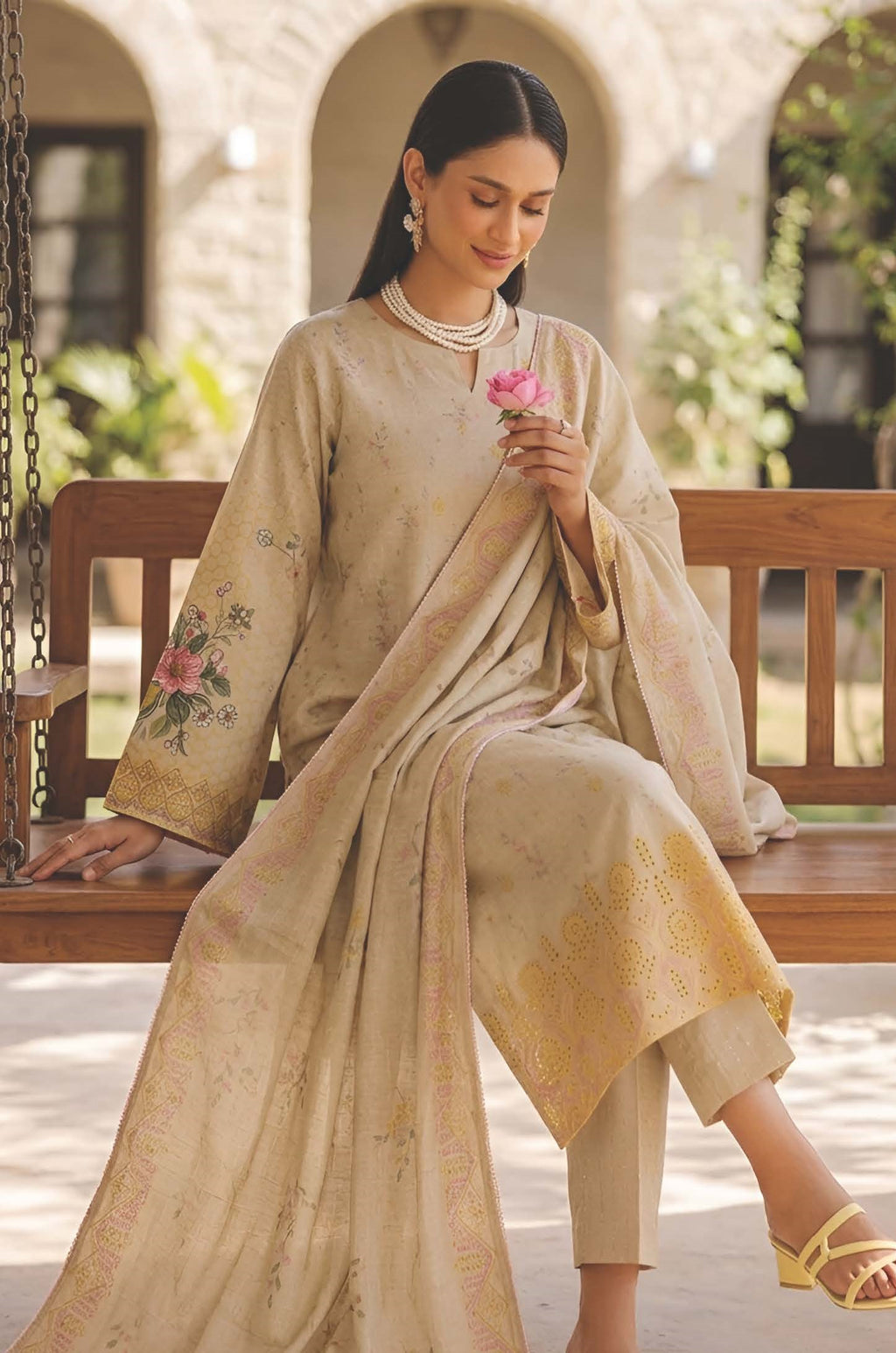 Honey Beige Embroidered Printed Dhanak with Chamki 3-Piece Suit– Unstitched