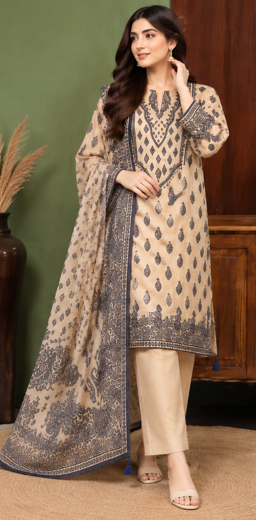 Beige Unstitched Embroidered Lawn Suit 3-Piece