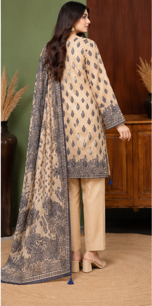 Beige Unstitched Embroidered Lawn Suit 3-Piece