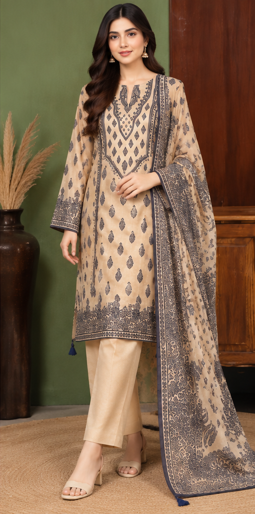 Beige Unstitched Embroidered Lawn Suit 3-Piece