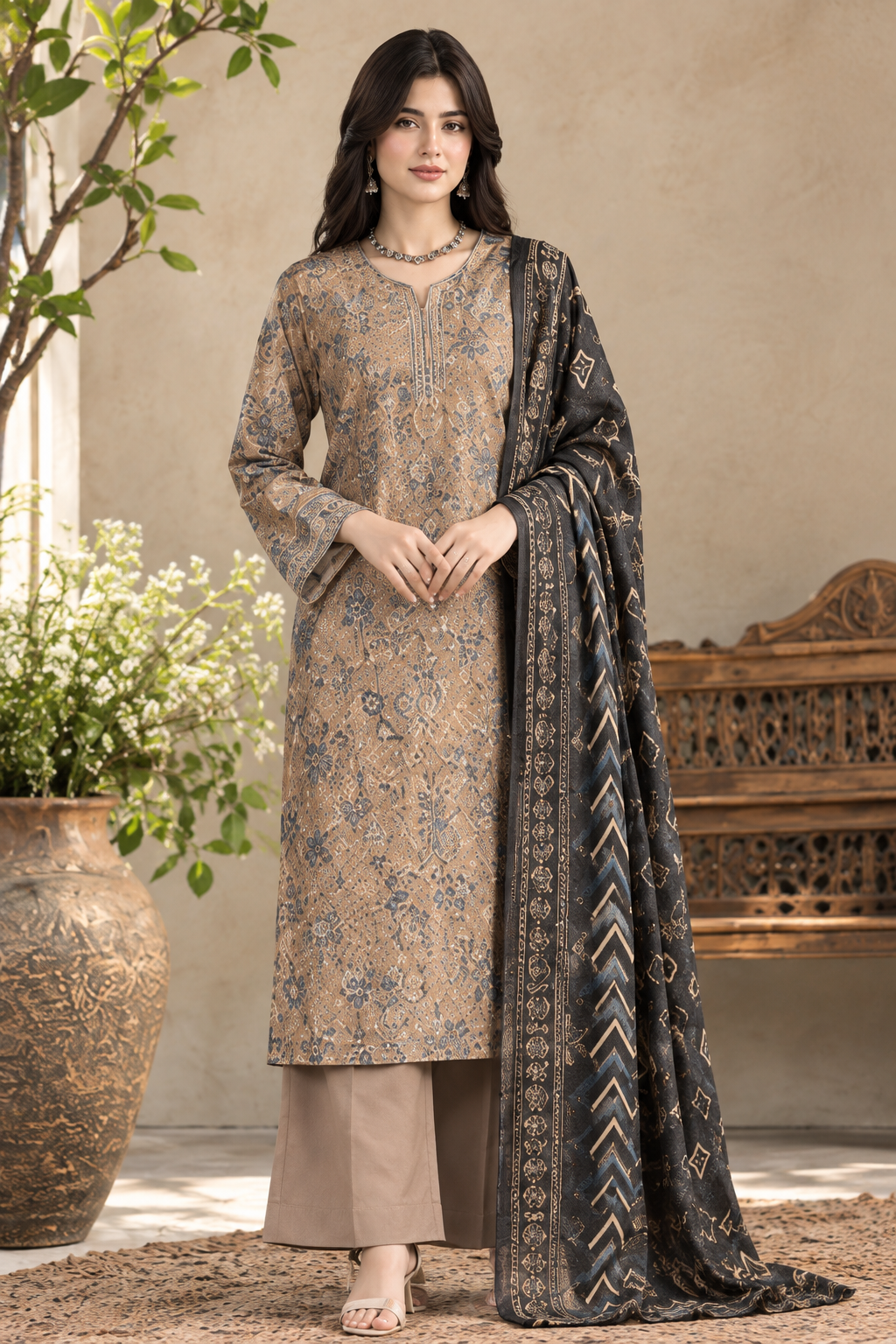 Beige Unstitched Printed Dhanak Suit 3-Piece