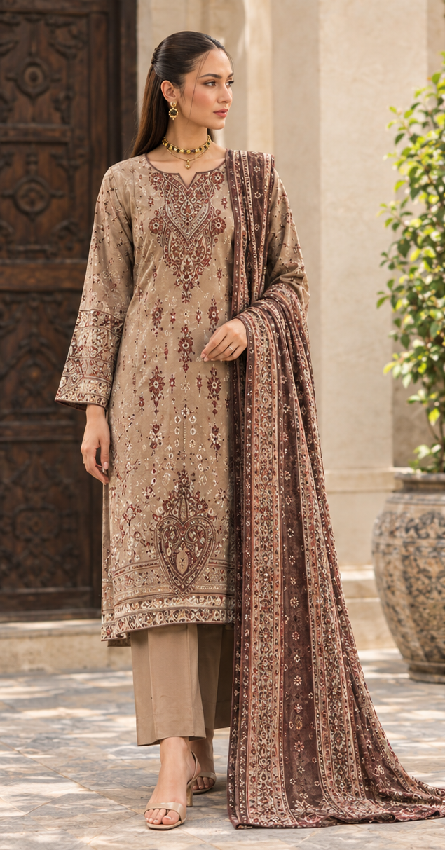 Chocolate Brown Embroidered Printed Dhanak 3-Piece Suit – Unstitched
