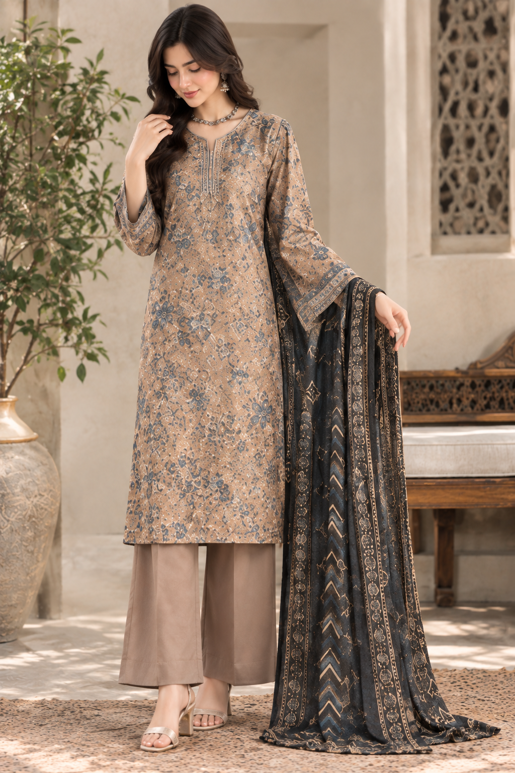 Beige Unstitched Printed Dhanak Suit 3-Piece