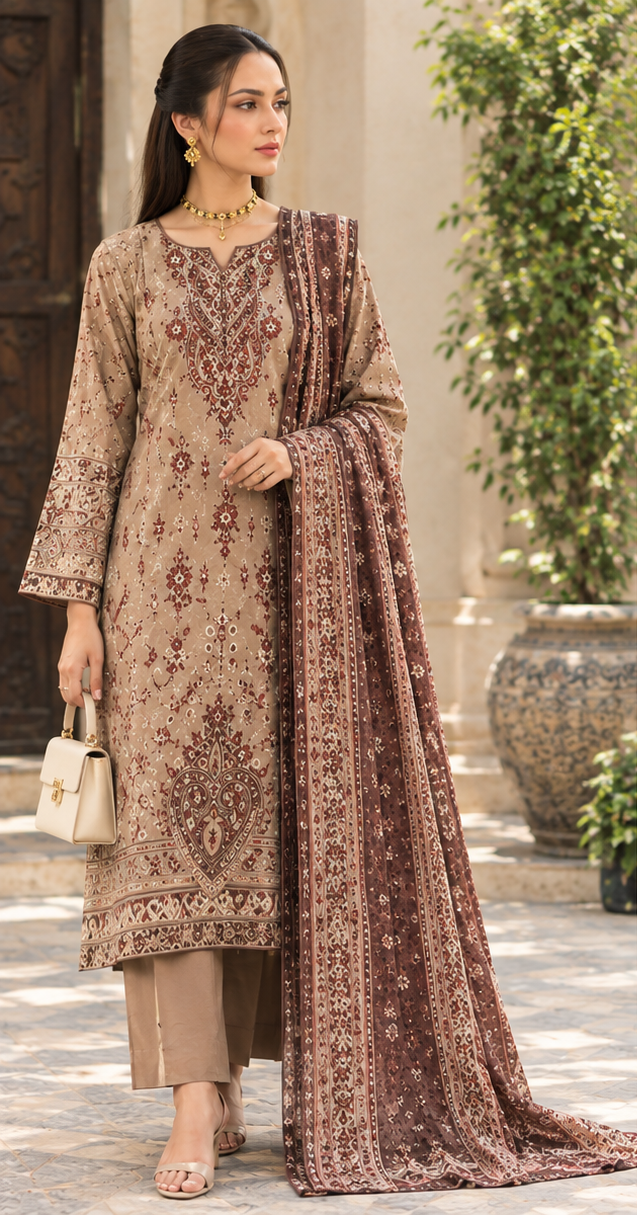 Chocolate Brown Embroidered Printed Dhanak 3-Piece Suit – Unstitched