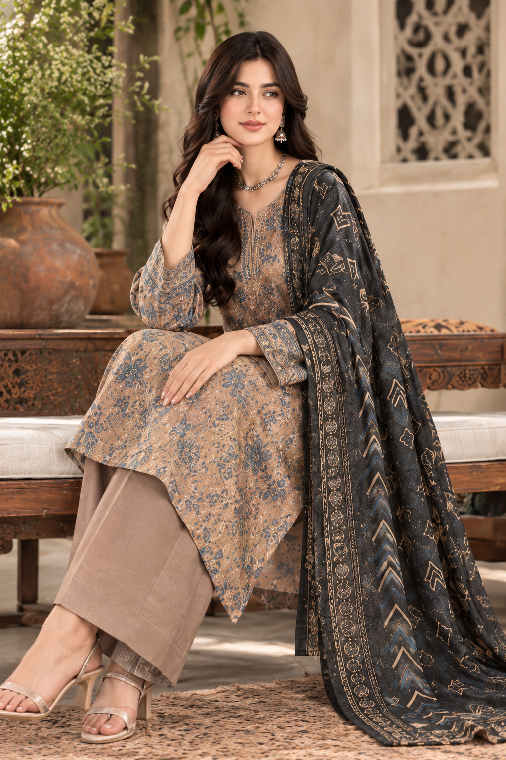 Beige Unstitched Printed Dhanak Suit 3-Piece