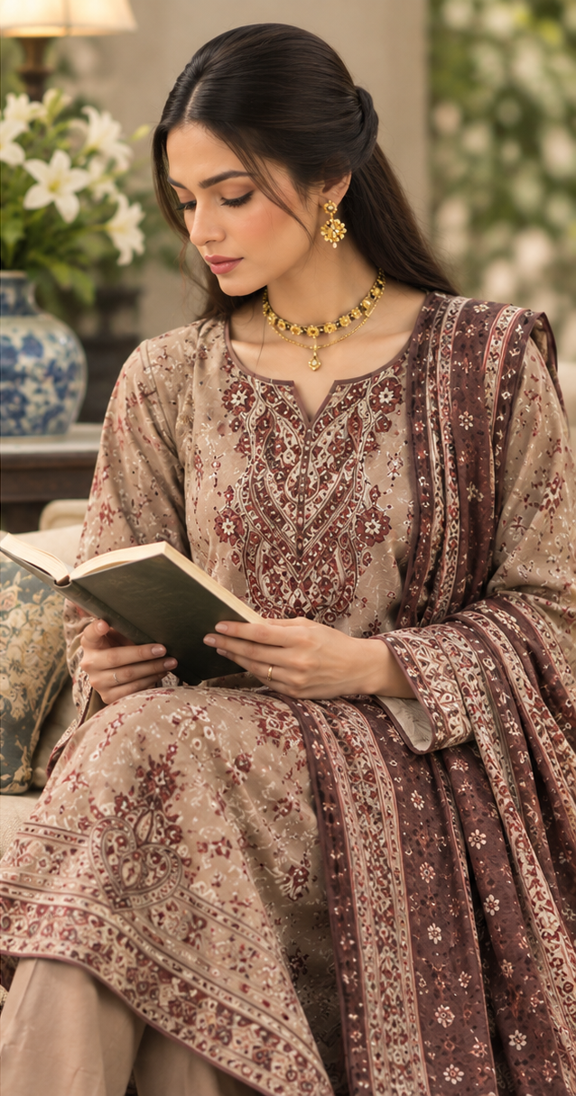 Chocolate Brown Embroidered Printed Dhanak 3-Piece Suit – Unstitched