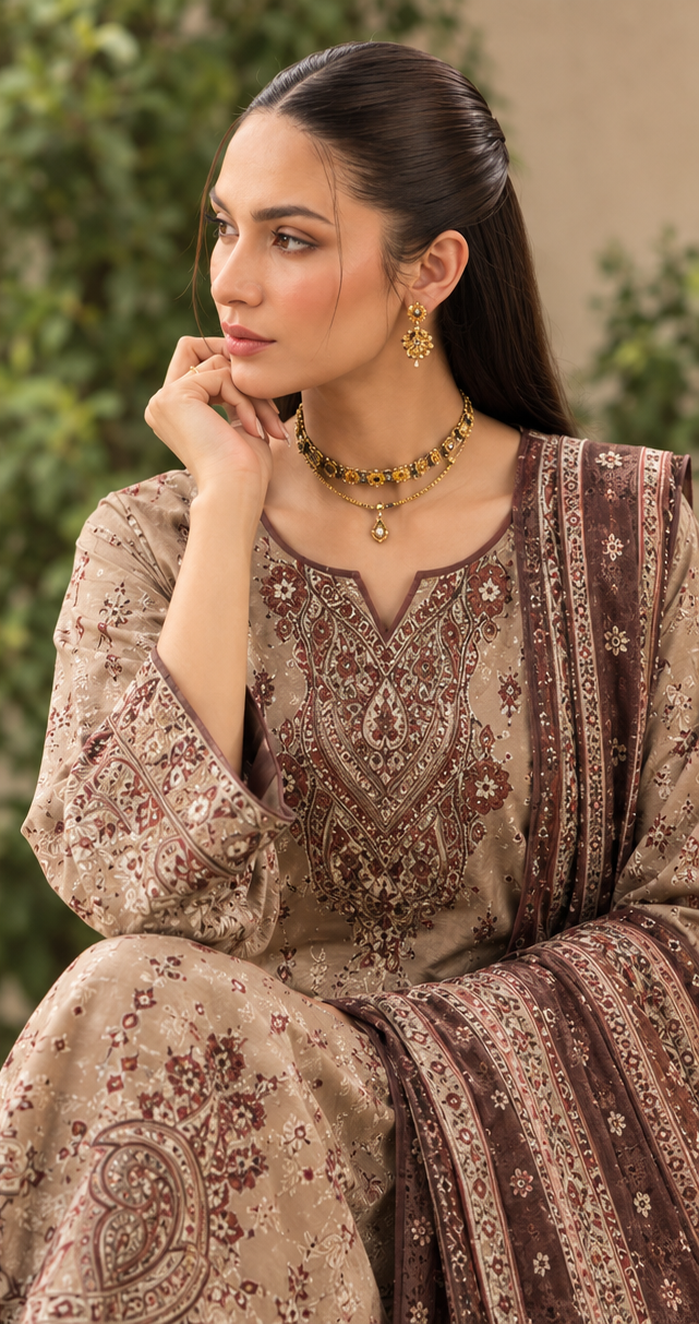 Chocolate Brown Embroidered Printed Dhanak 3-Piece Suit – Unstitched
