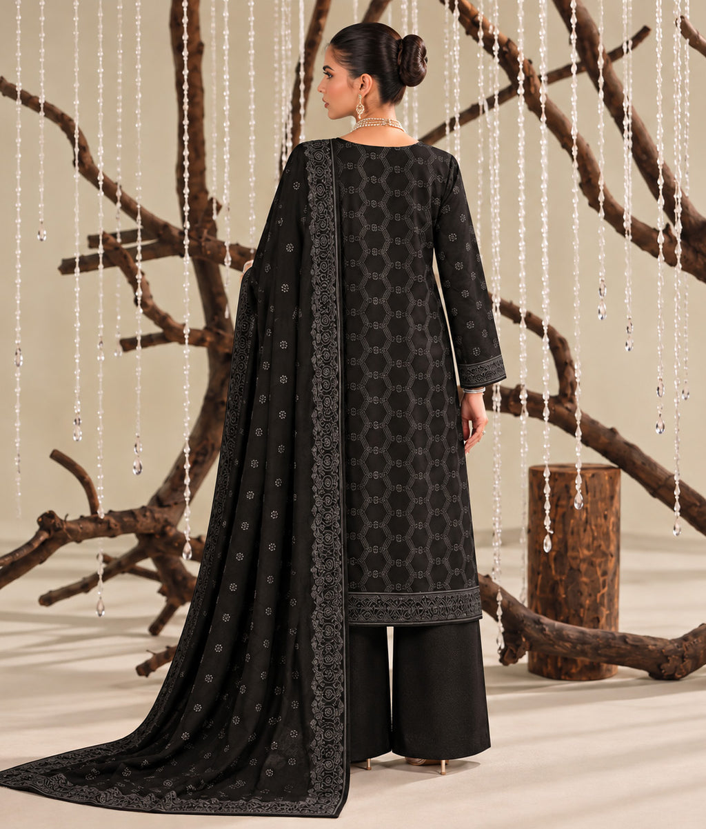 Black Embroidered Dhanak Chicken Kari 3-Piece Suit – Unstitche