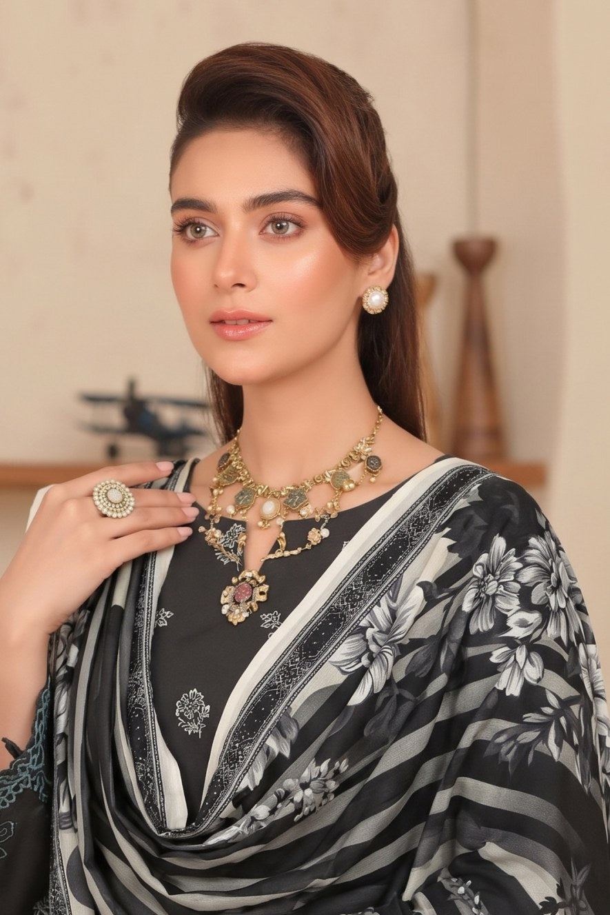 Black Embroidered Printed Khaddar Chicken Kari 3-Piece Suit