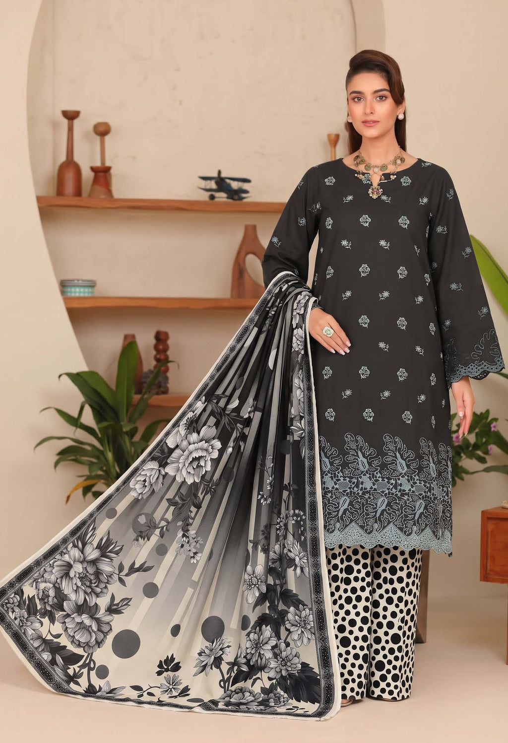 Black Embroidered Printed Khaddar Chicken Kari 3-Piece Suit