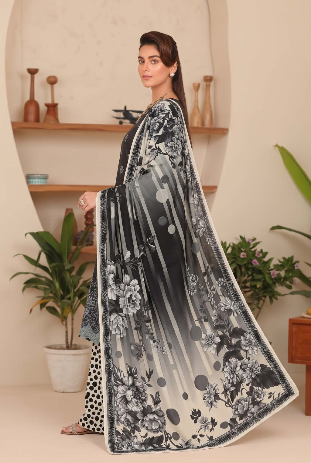 Black Embroidered Printed Khaddar Chicken Kari 3-Piece Suit