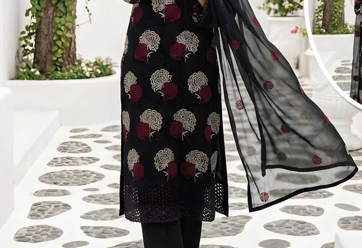 Black Unstitched Embroidered Lawn Suit 3-Piece