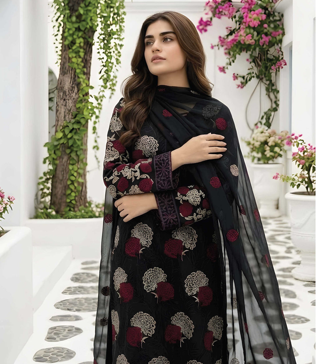 Black Unstitched Embroidered Lawn Suit 3-Piece