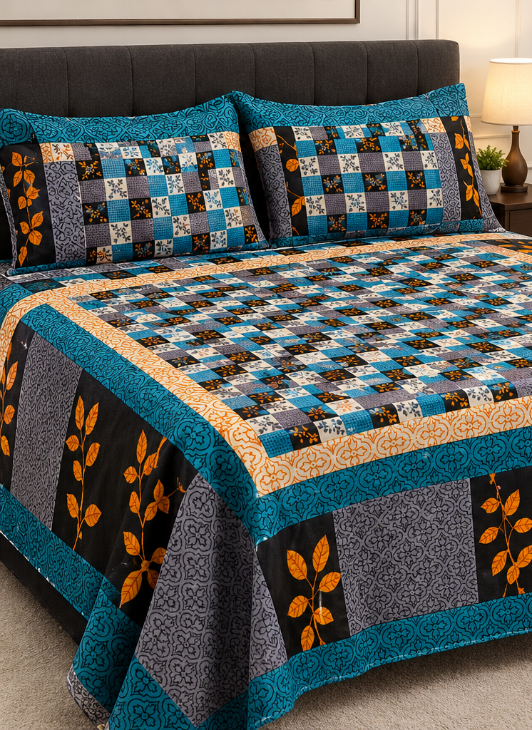 Blue Patchwork Crystal Cotton King Bed Set