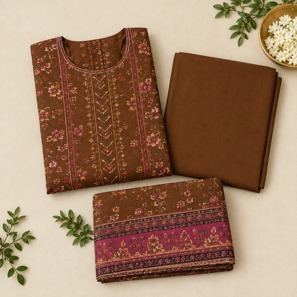 Brown Unstitched Embroidered Khader Suit 3 Piece