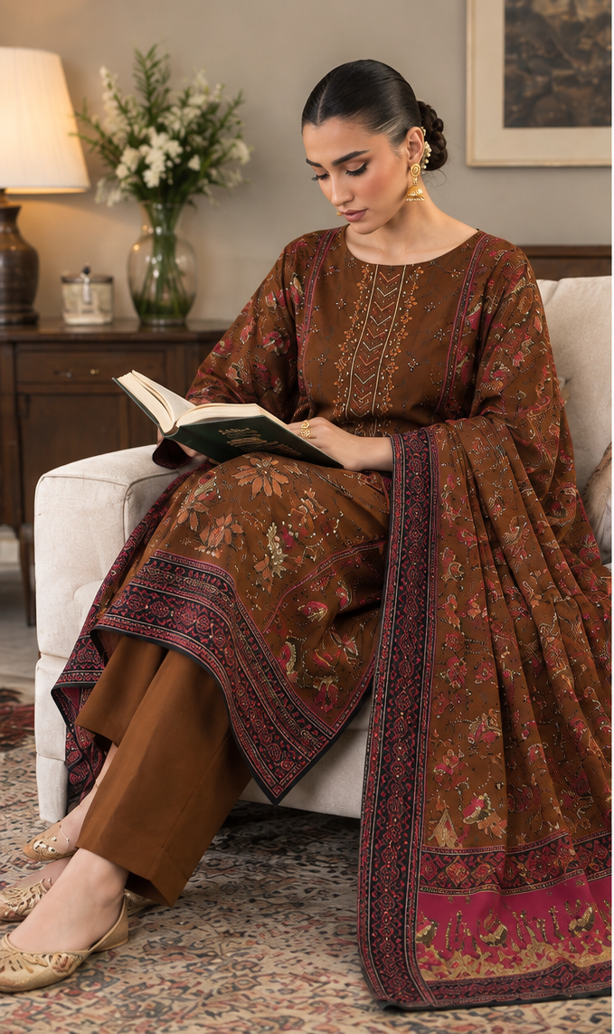 Brown Unstitched Embroidered Khader Suit 3 Piece