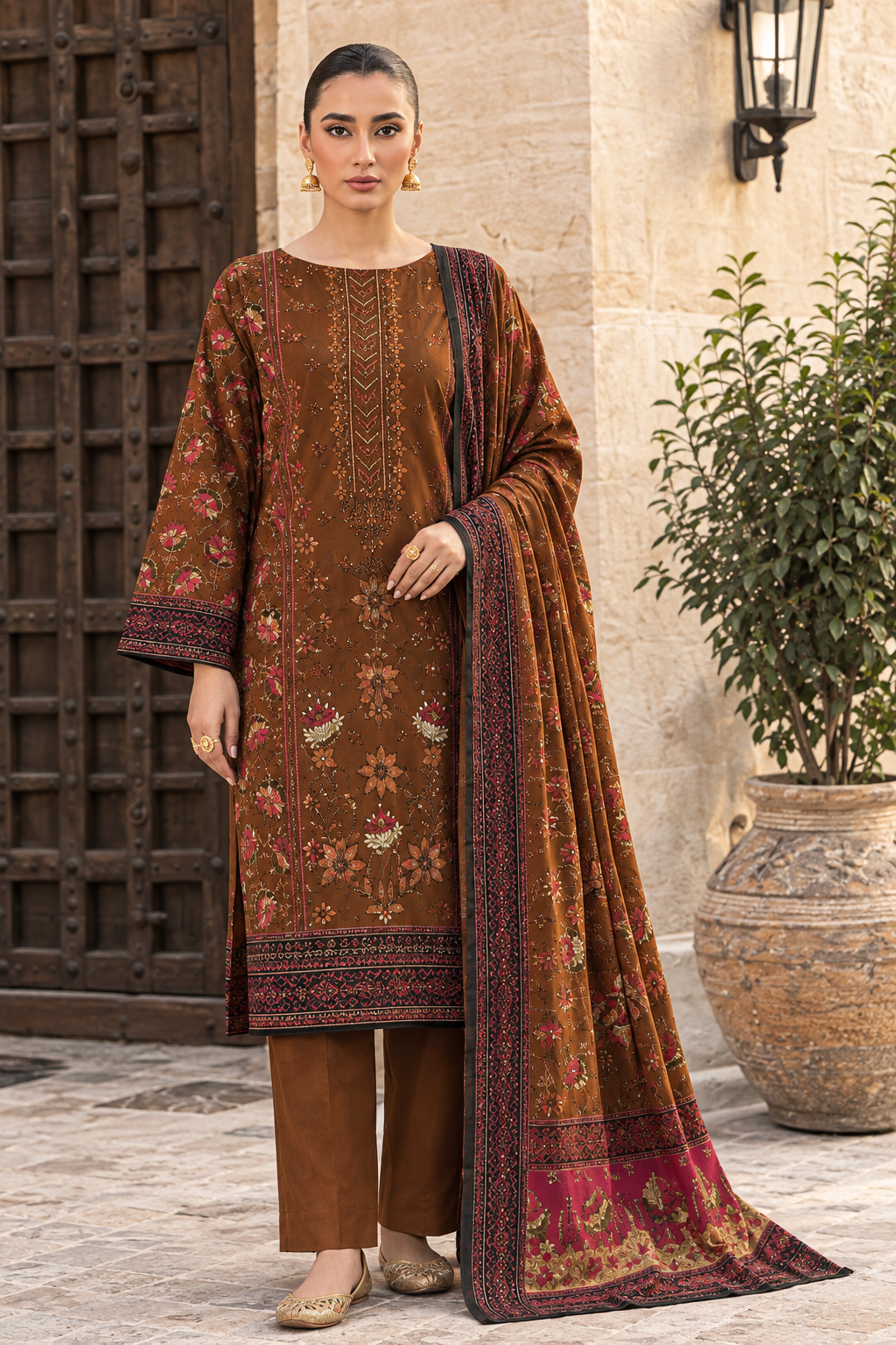 Brown Unstitched Embroidered Khader Suit 3 Piece