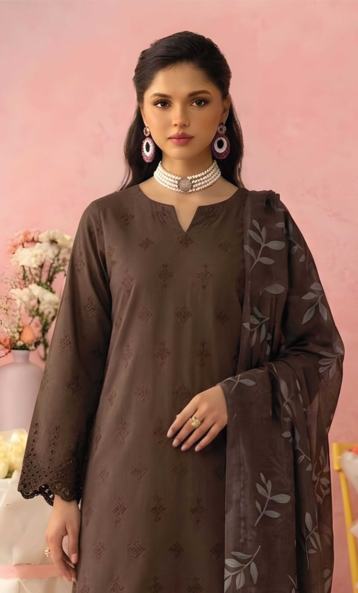 Brown Unstitched Embroidered Lawn Suit 3-Piece