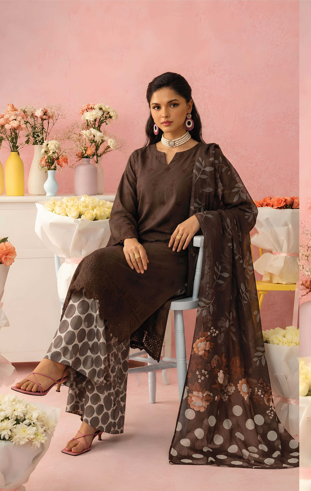 Brown Unstitched Embroidered Lawn Suit 3-Piece