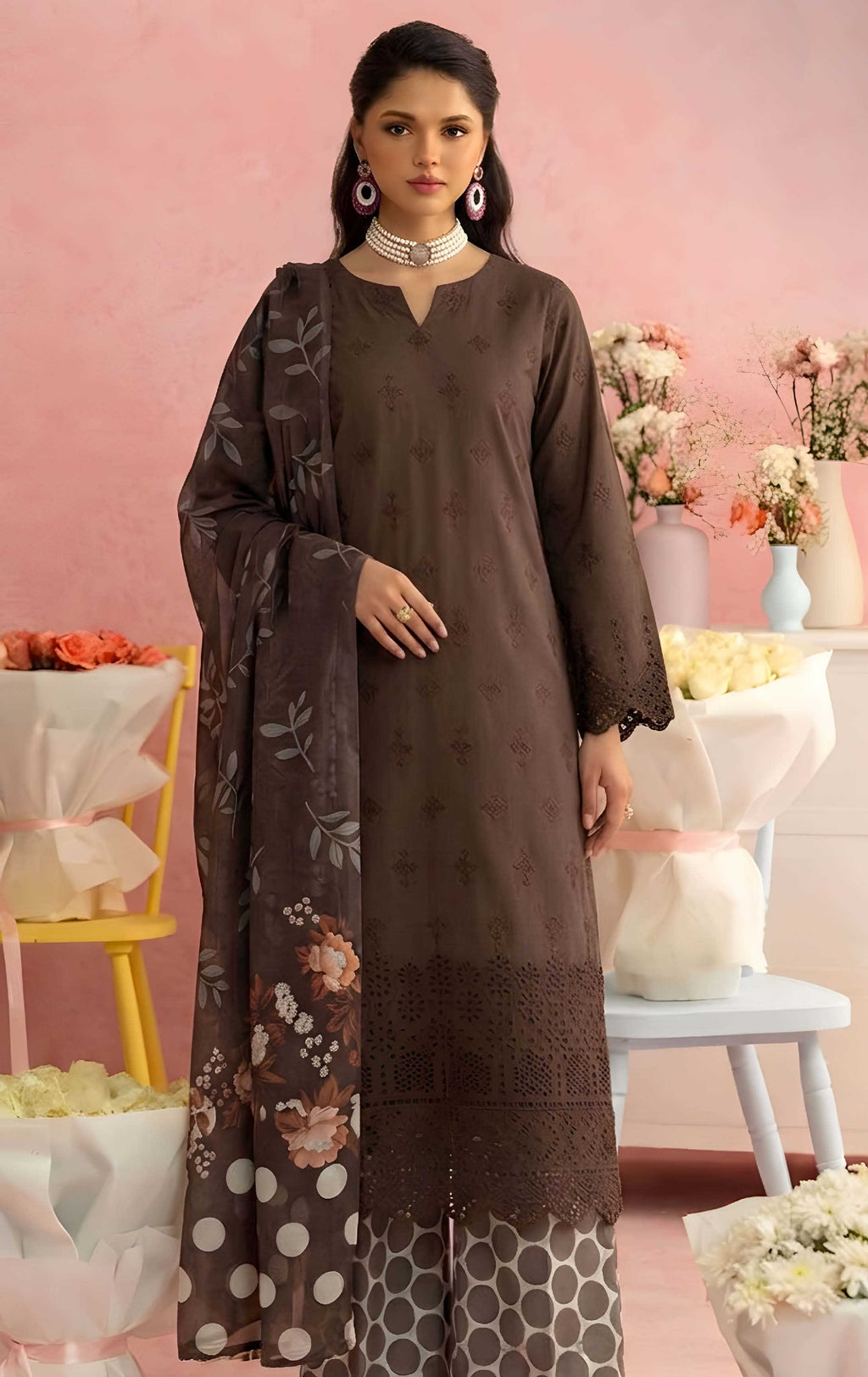 Brown Unstitched Embroidered Lawn Suit 3-Piece
