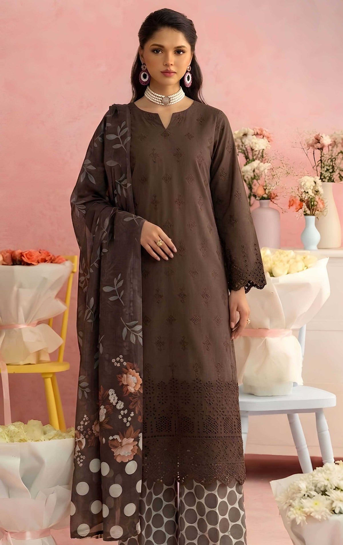 Brown Unstitched Embroidered Lawn Suit 3-Piece