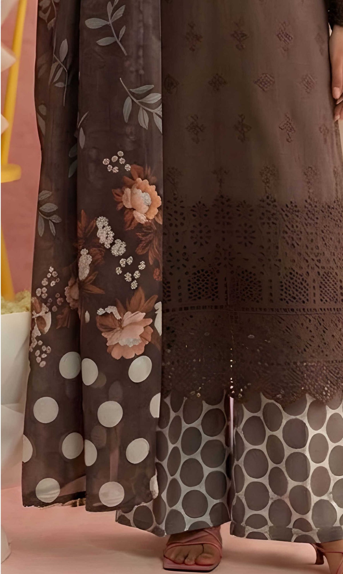 Brown Unstitched Embroidered Lawn Suit 3-Piece