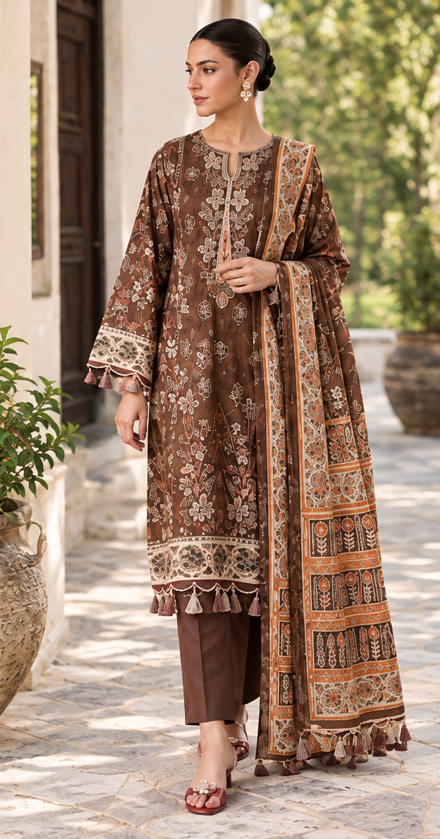 Brown Unstitched Printed Dhanak Suit 3-Piece