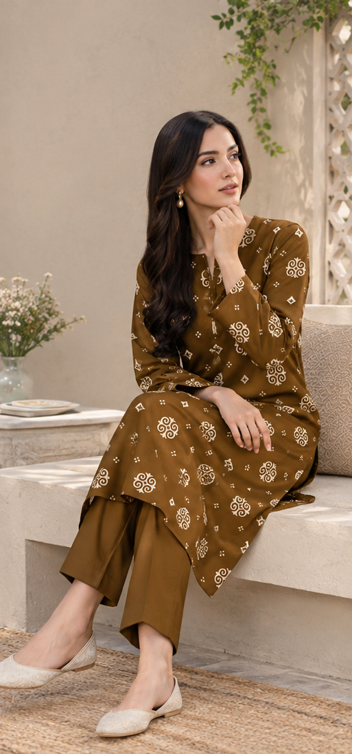 Brown Unstitched Printed Lawn 2-Piece Suit