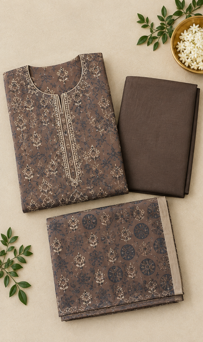 Brown Unstitched Printed Dhanak Suit 3-Piece