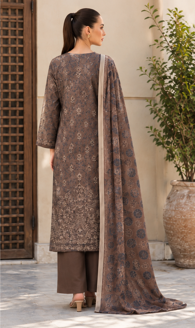 Brown Unstitched Printed Dhanak Suit 3-Piece