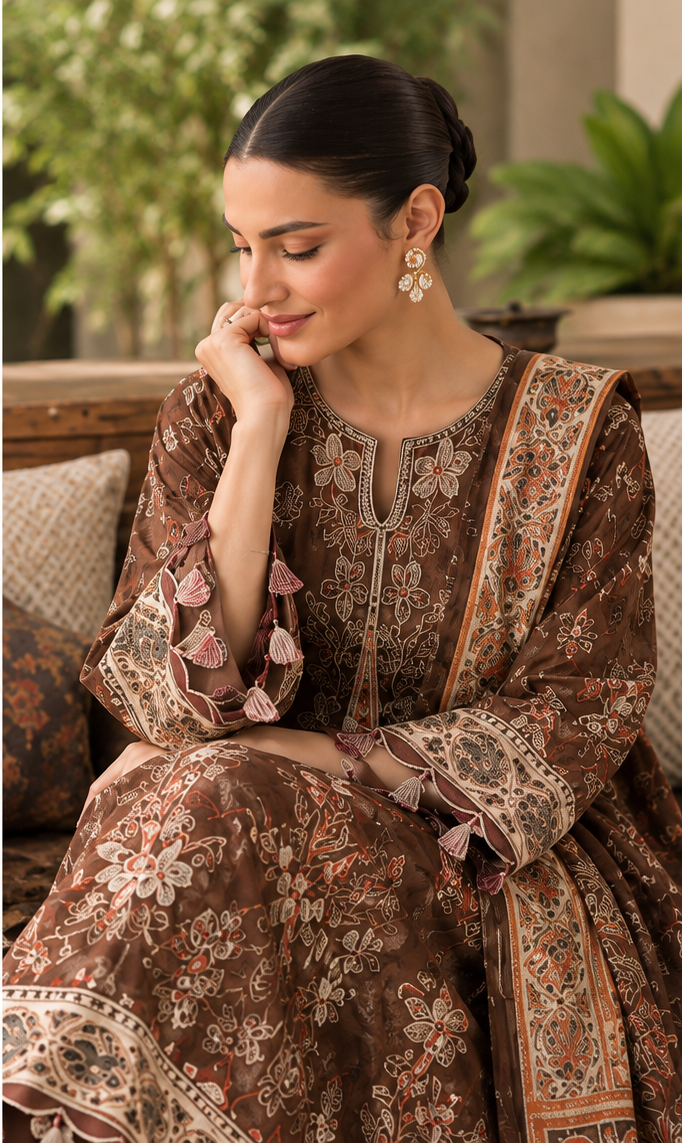 Brown Unstitched Printed Dhanak Suit 3-Piece