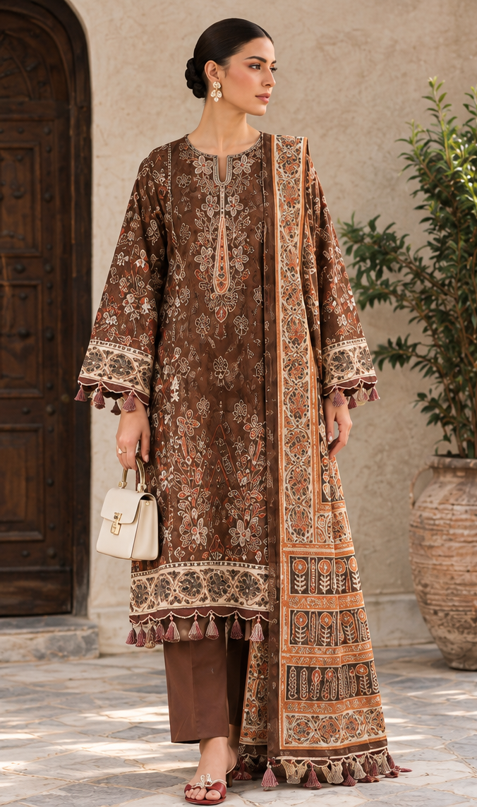 Brown Unstitched Printed Dhanak Suit 3-Piece