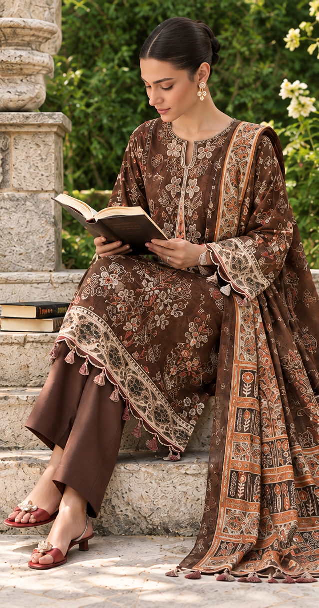 Brown Unstitched Printed Dhanak Suit 3-Piece