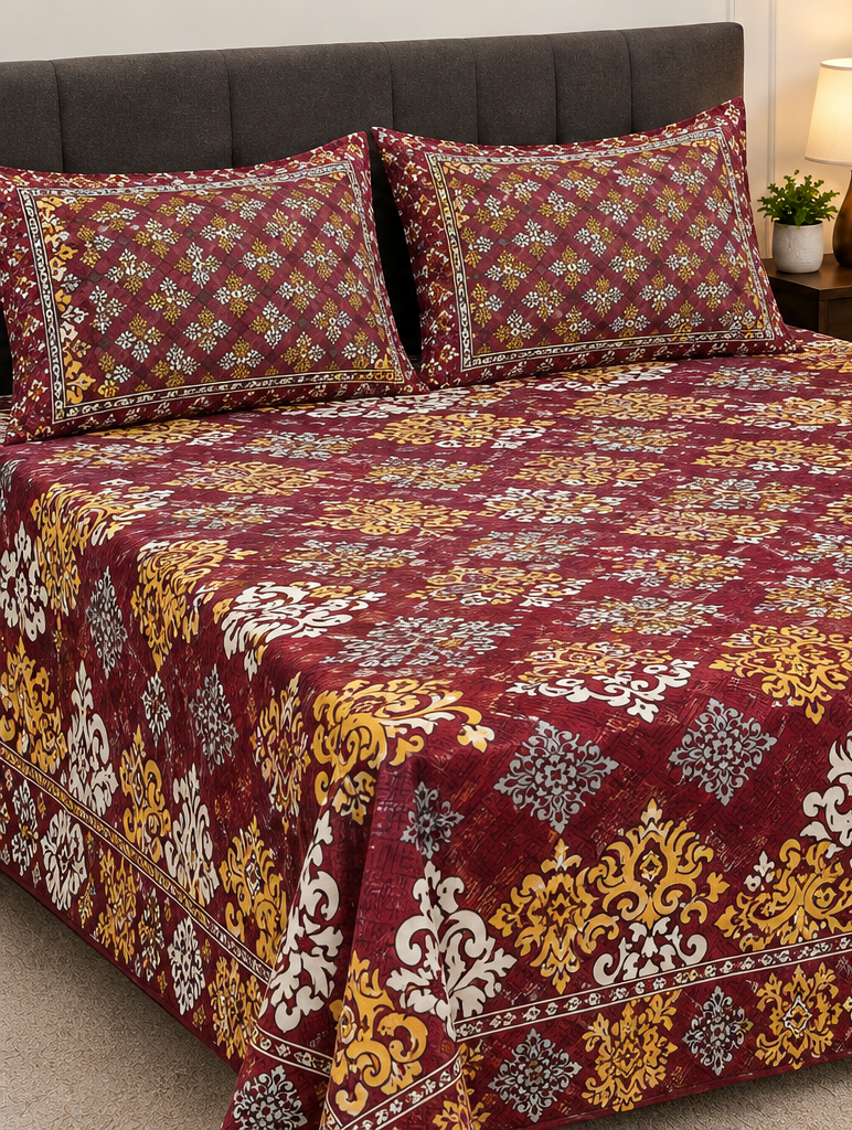 Burgundy Patchwork Crystal Cotton King Bed Set