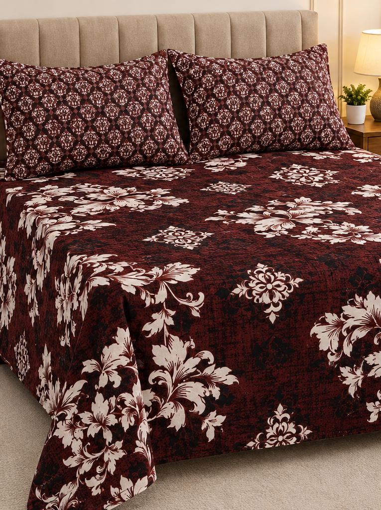 Burgundy Floral Crystal Cotton King Bed Set