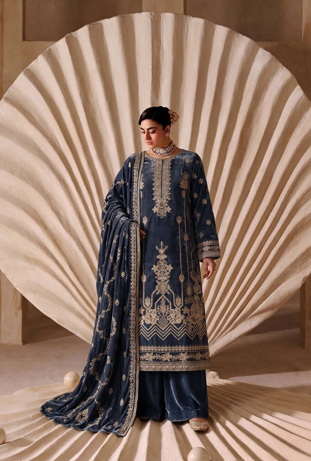 Steel Blue Embroidered Velvet 3-Piece Wedding Suit