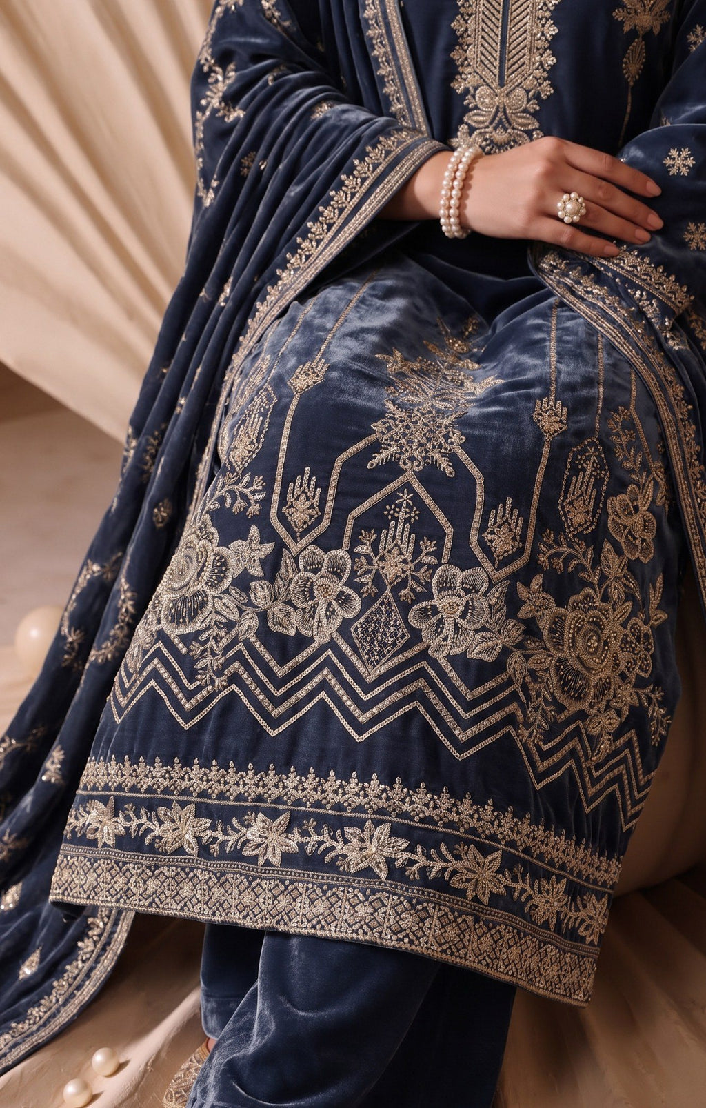 Steel Blue Embroidered Velvet 3-Piece Wedding Suit