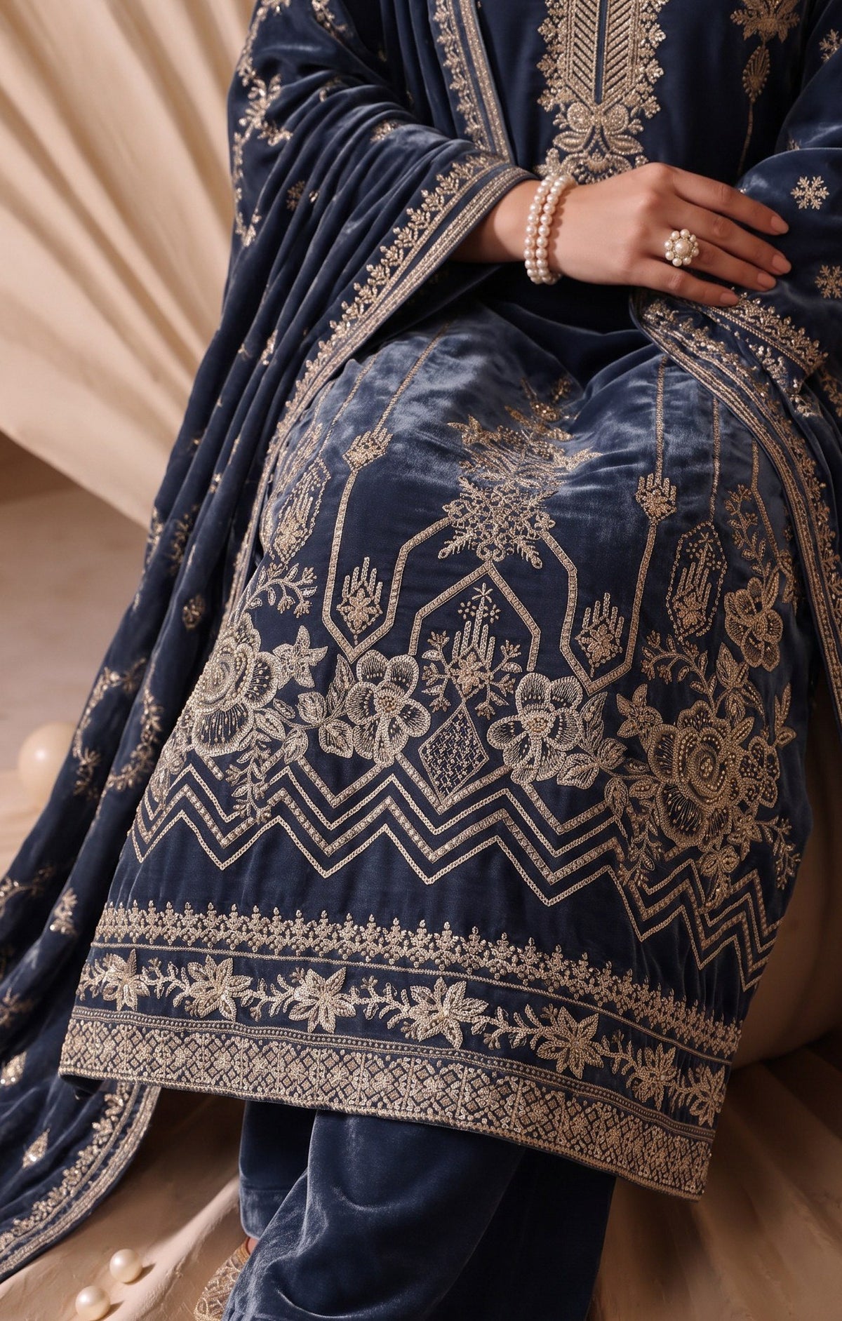 Steel Blue Embroidered Velvet 3-Piece Wedding Suit