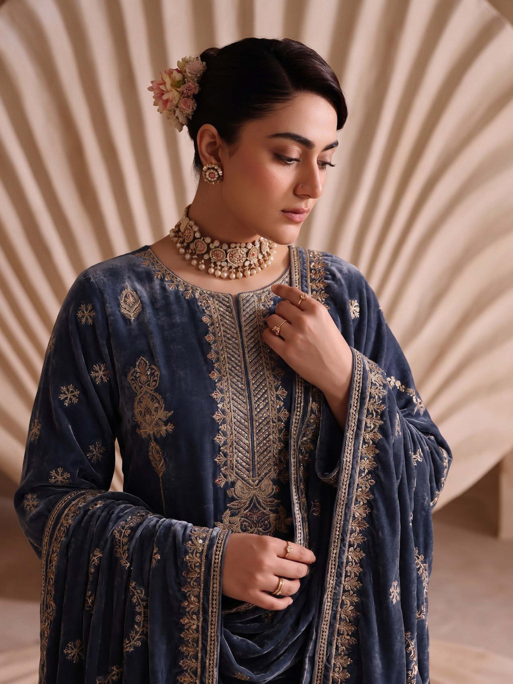 Steel Blue Embroidered Velvet 3-Piece Wedding Suit