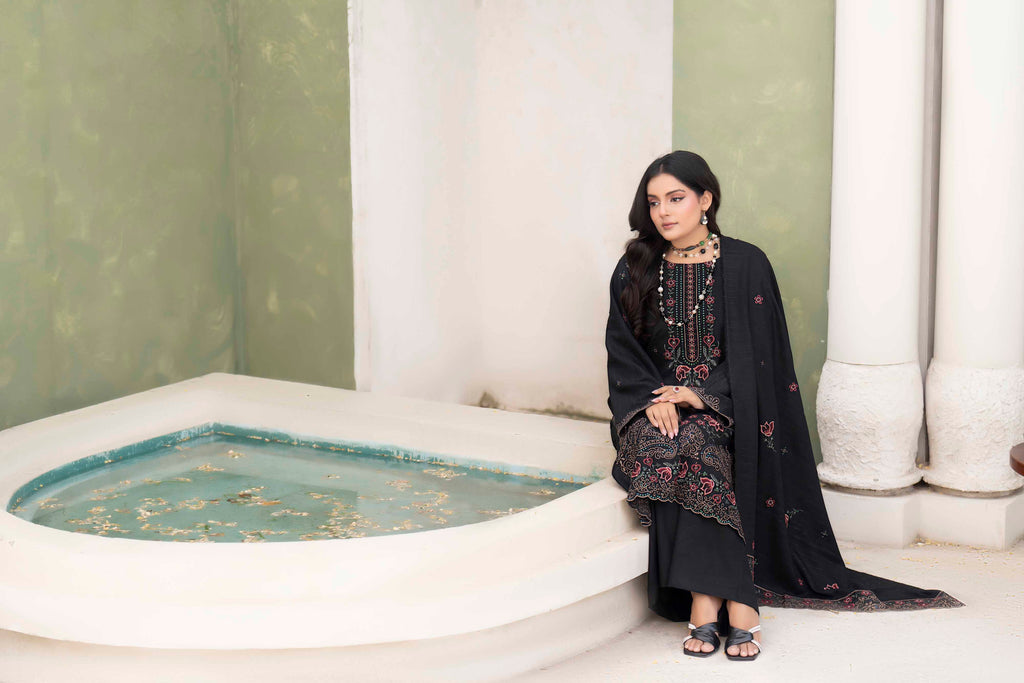 CHARCOAL BLACK LUXURY EMBROIDERED VELVET STRIPE CHAMKI SET