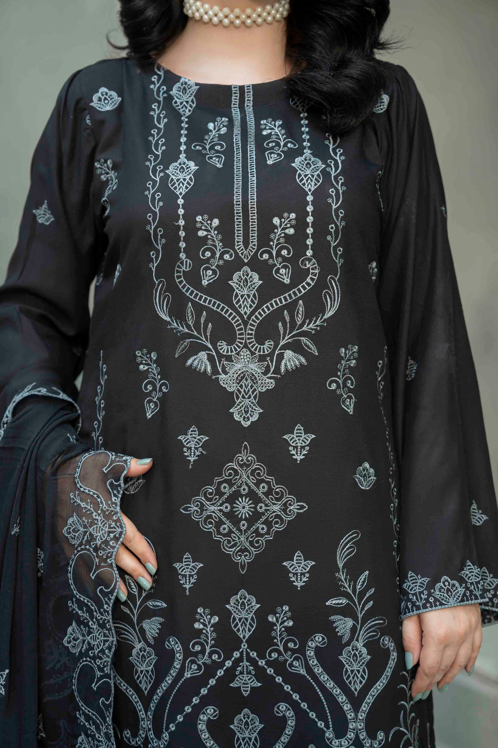 Charcoal Black Slub Viscose Suit With Crinkle Dupattal 3-Piece Suit – Unstitched