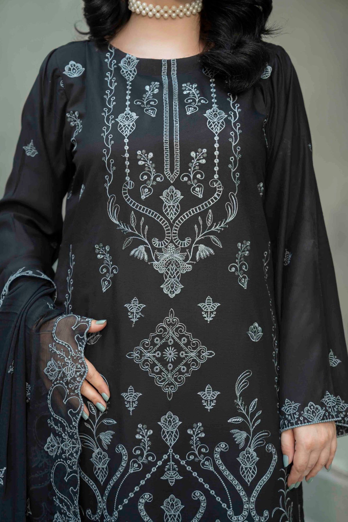 Charcoal Black Slub Viscose Suit With Crinkle Dupattal 3-Piece Suit – Unstitched