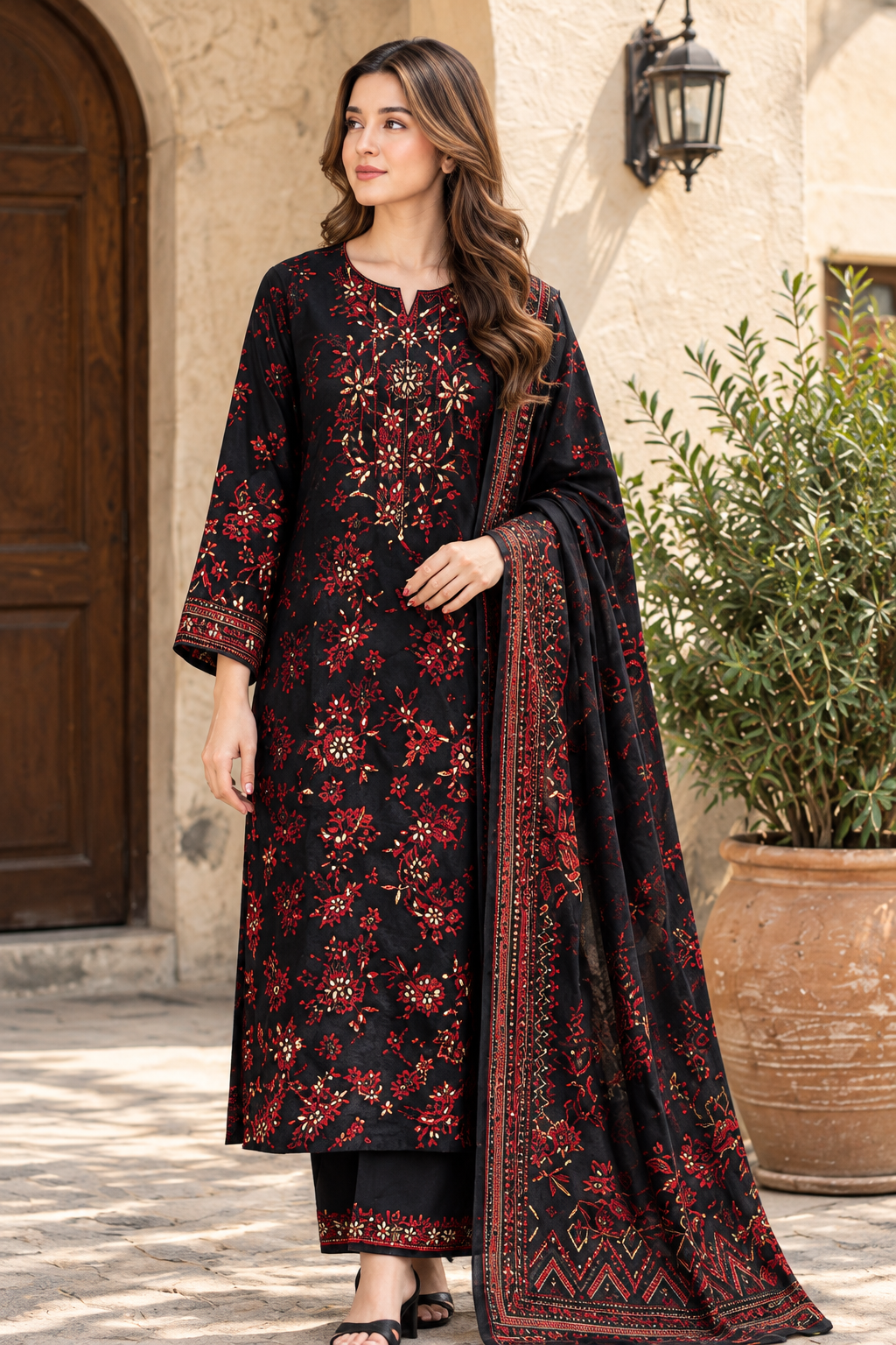 Black Unstitched Embroidered Khader Suit 3 Piece